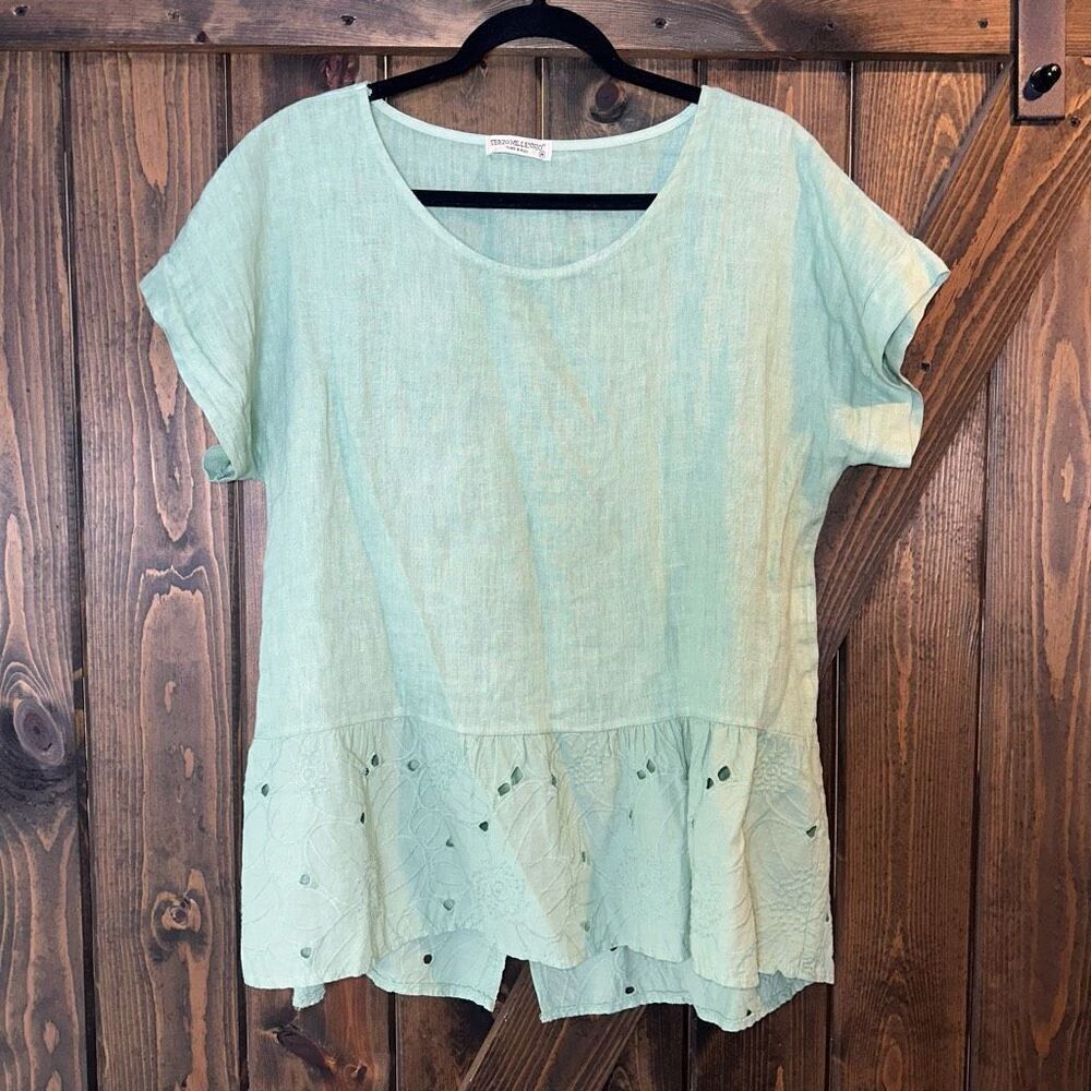 Light Green Linen Peplum Blouse - Unbranded